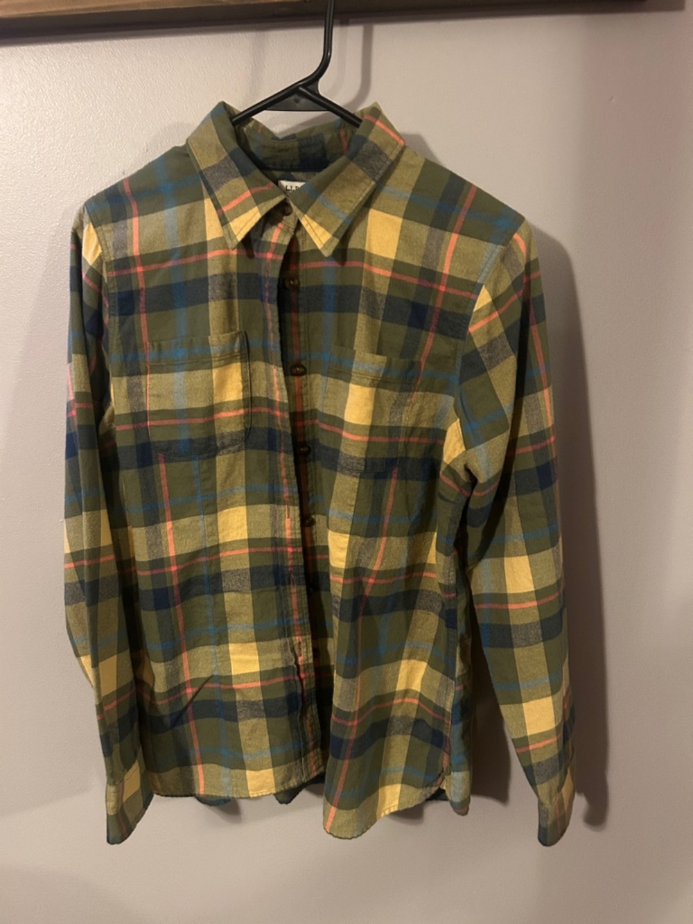 L.L. Bean women’s Olive and Yellow Plaid Flannel Shirt with Navy and Red Accents